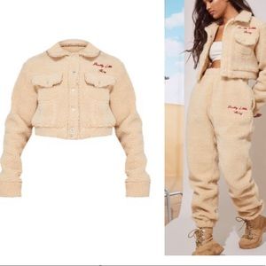 PLT Cream Borg Cropped Jacket & Jogger Set